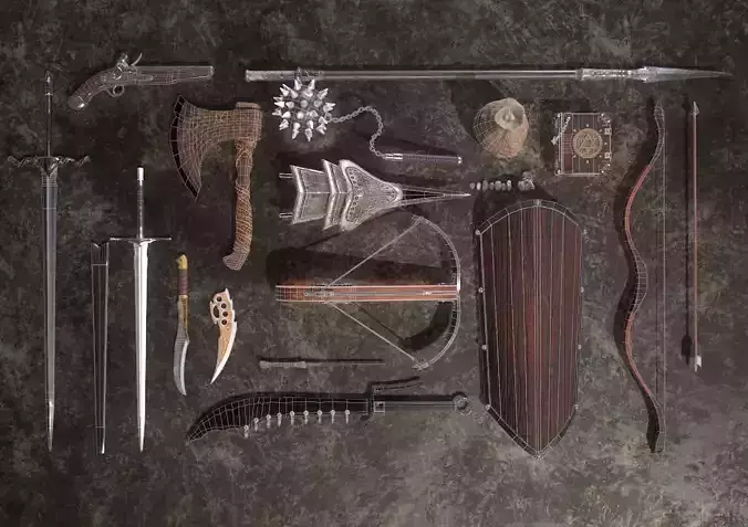 abandon medieval weapons and tools Free low-poly 3D model