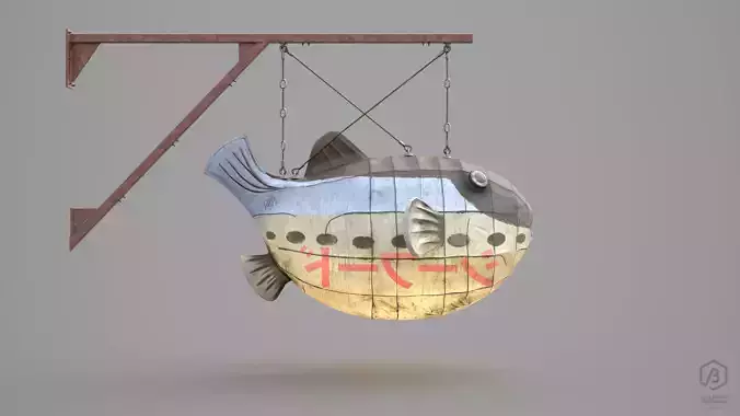 Game Ready Japanese Signs Set Fugu Fish Lantern Low-poly 3D model