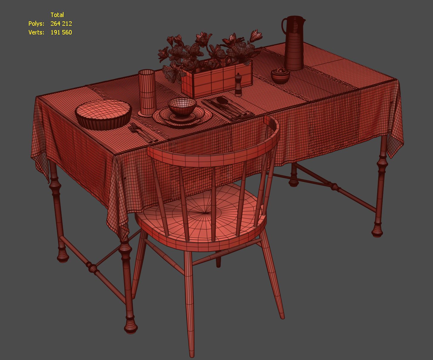 Tableware dining table with linens 3D model_4