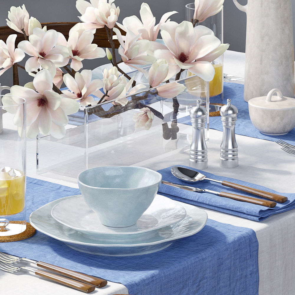 Tableware dining table with linens 3D model_1