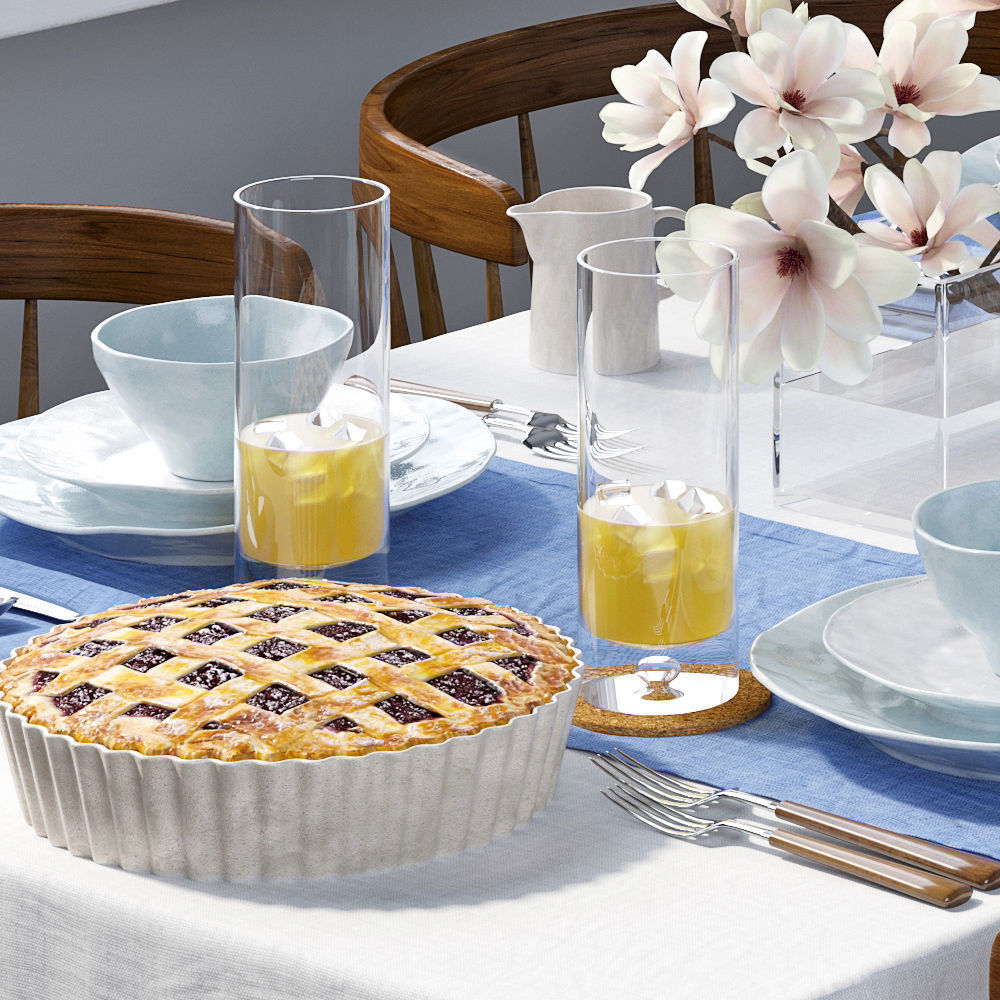 Tableware dining table with linens 3D model_3