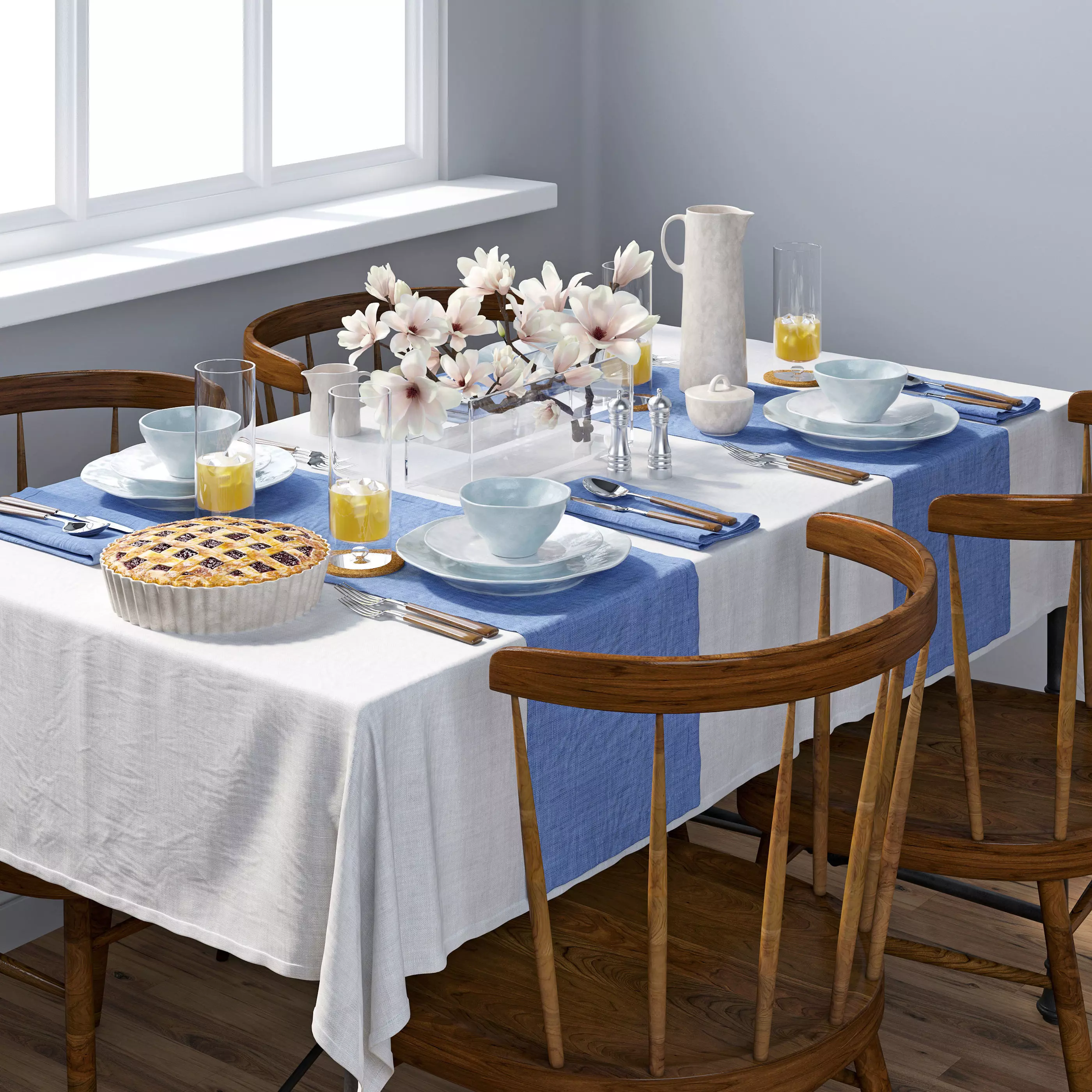 Tableware dining table with linens 3D model_0