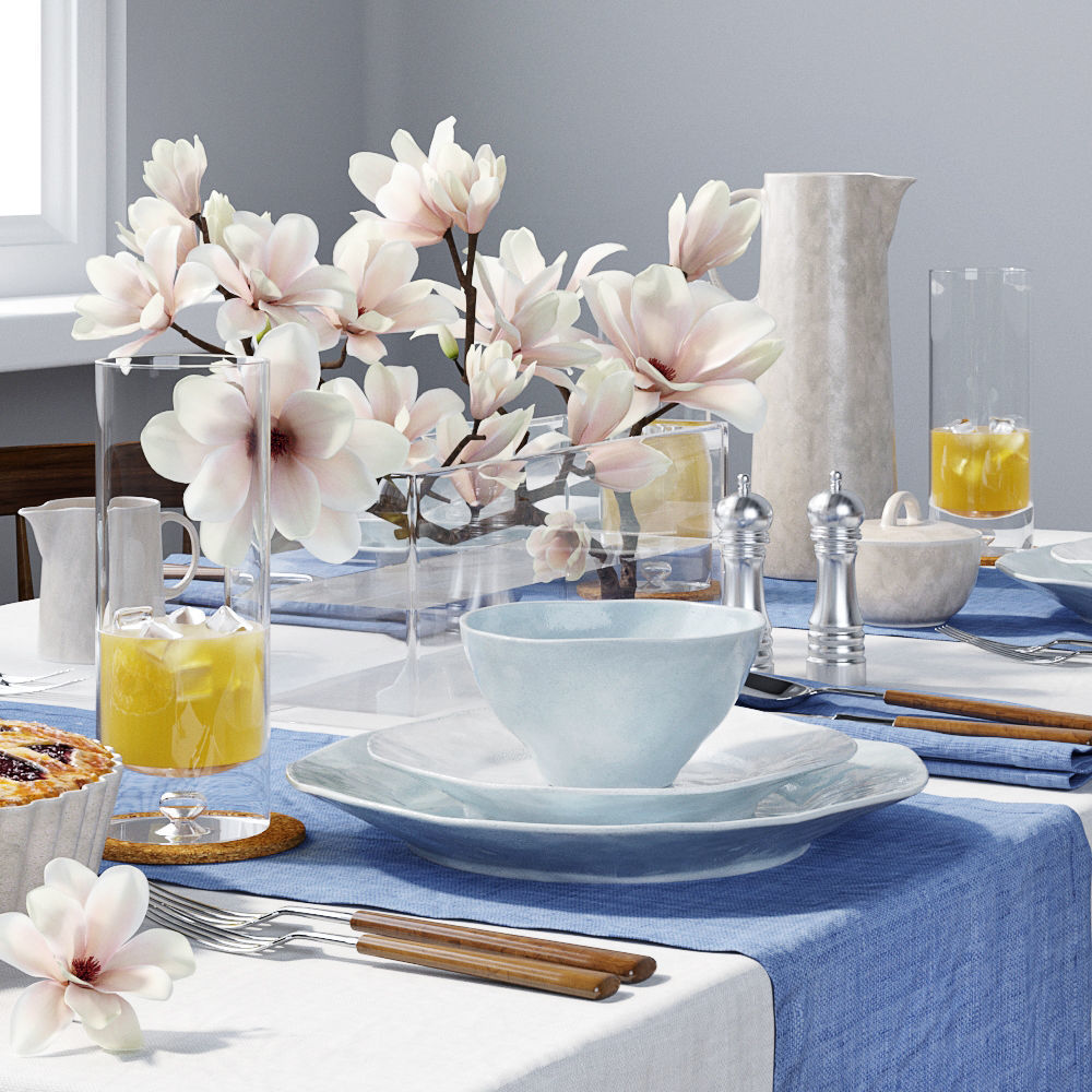 Tableware dining table with linens 3D model_2