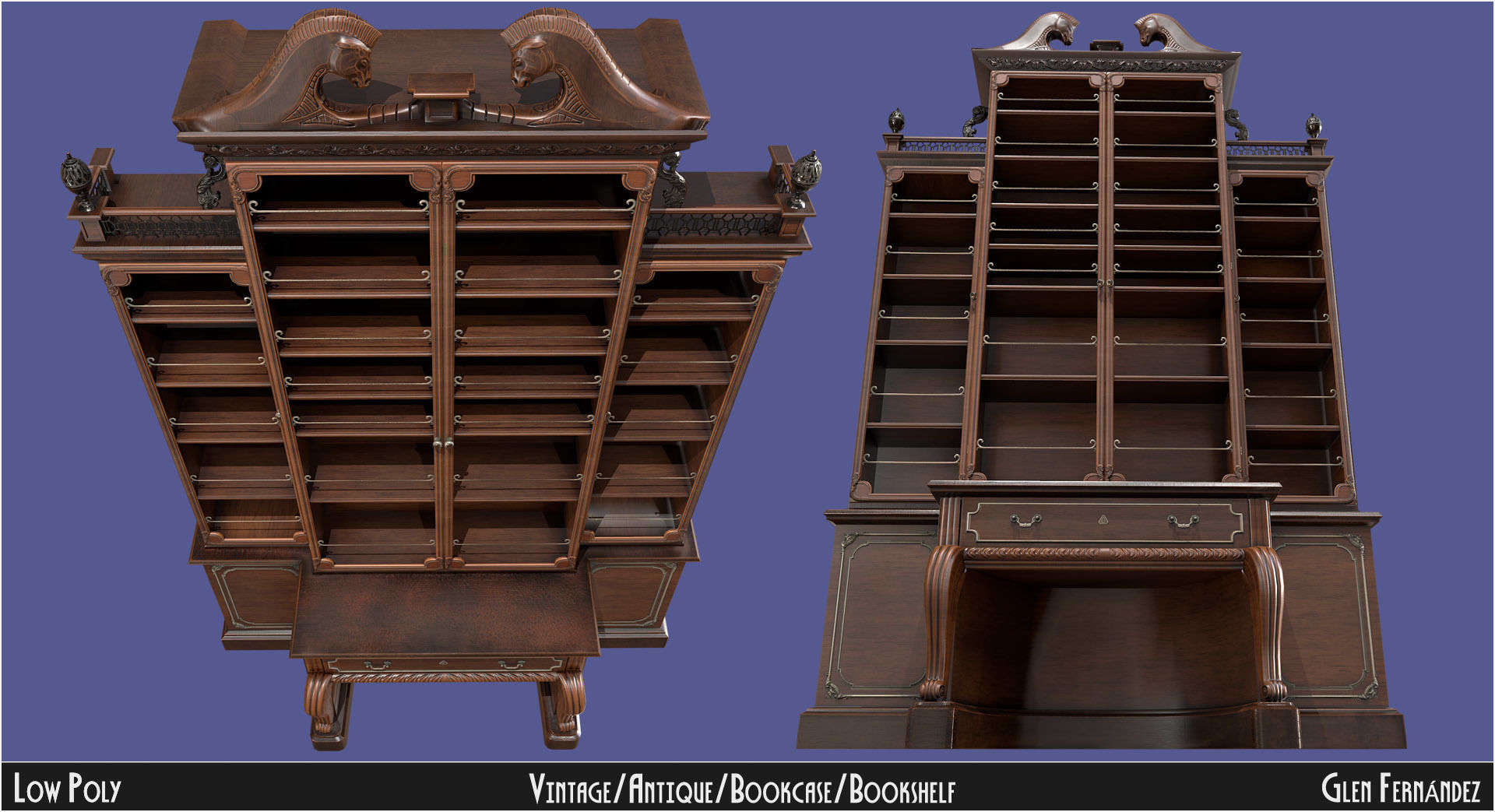 Antique Victorian Bookcase Low-poly 3D model_3