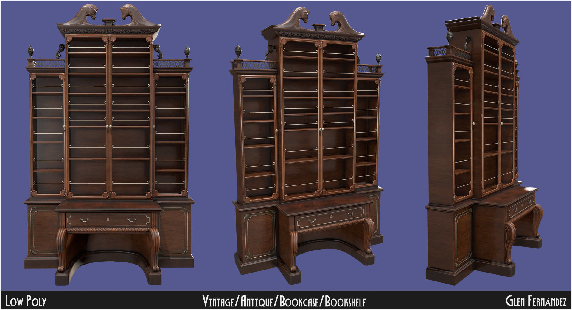 Antique Victorian Bookcase Low-poly 3D model_1