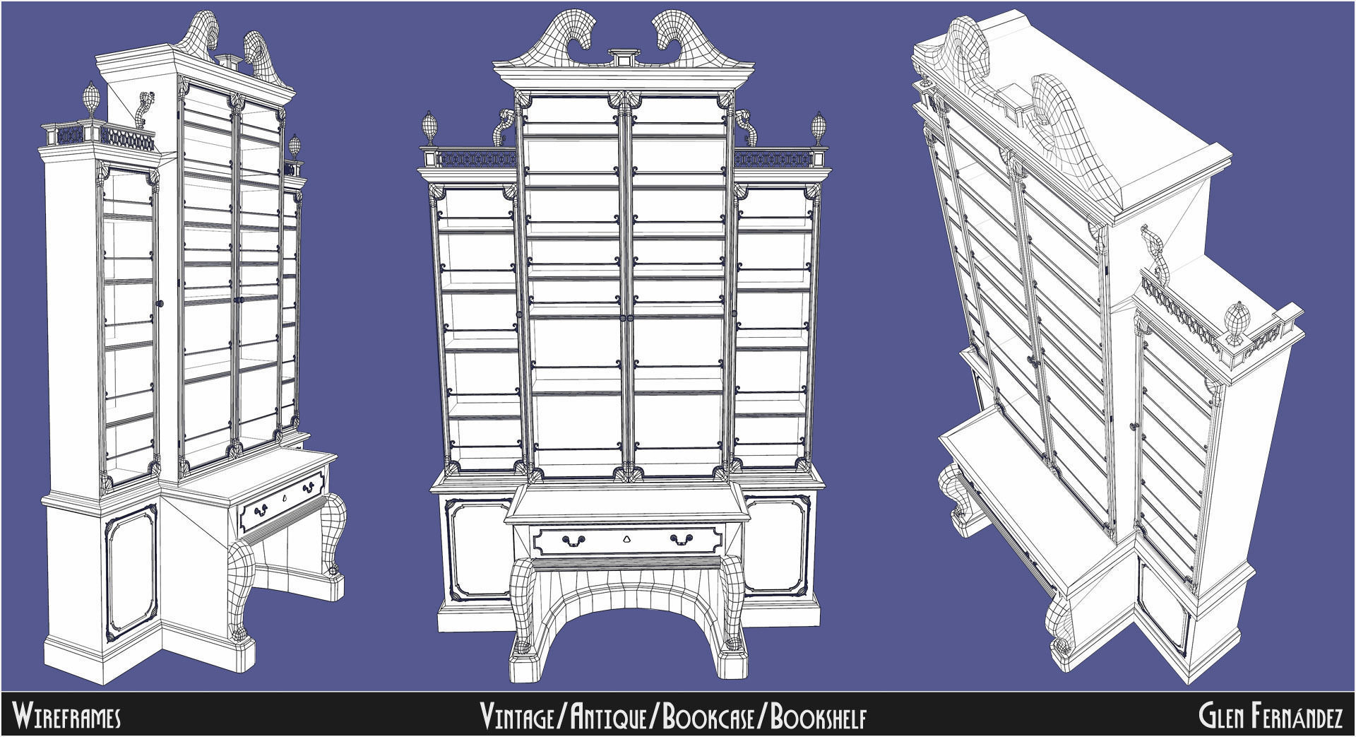 Antique Victorian Bookcase Low-poly 3D model_7