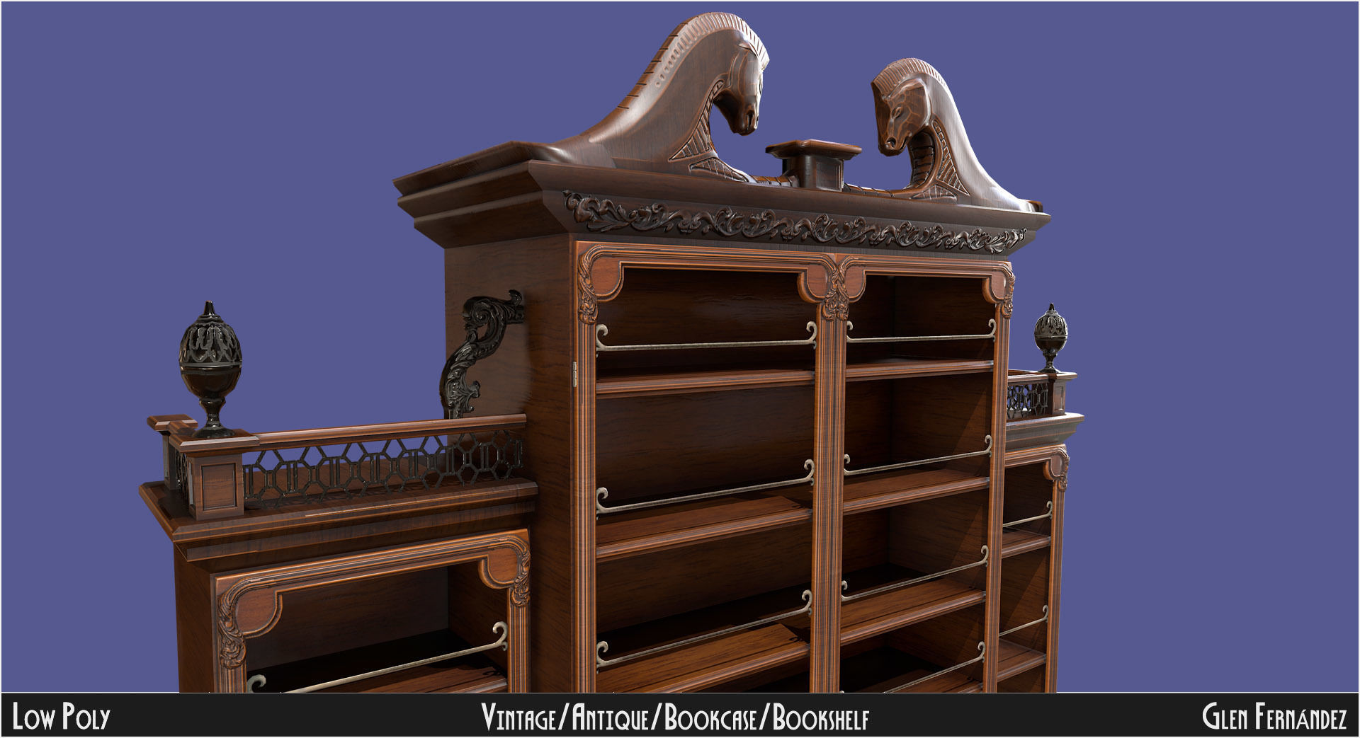 Antique Victorian Bookcase Low-poly 3D model_5
