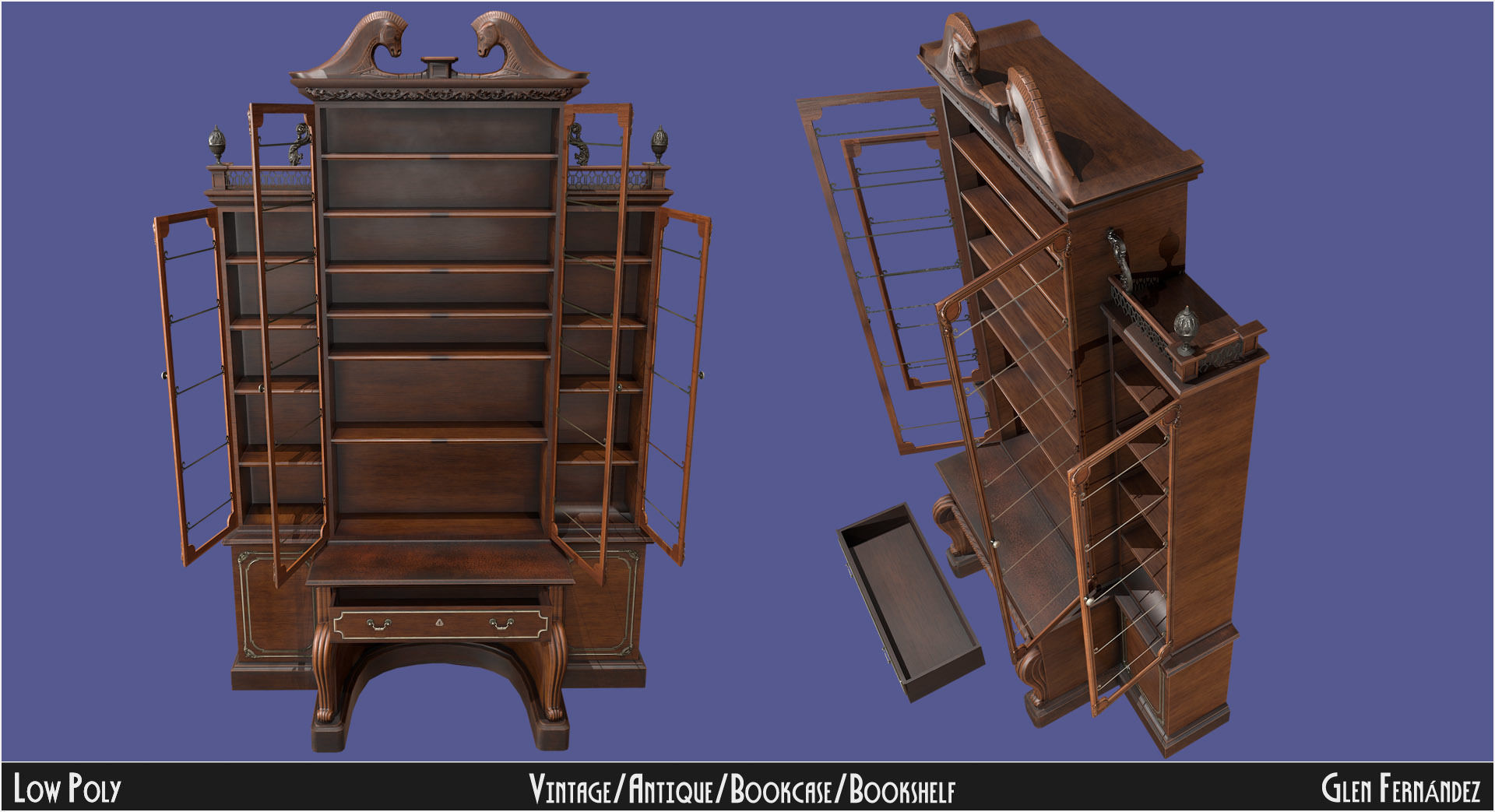 Antique Victorian Bookcase Low-poly 3D model_2