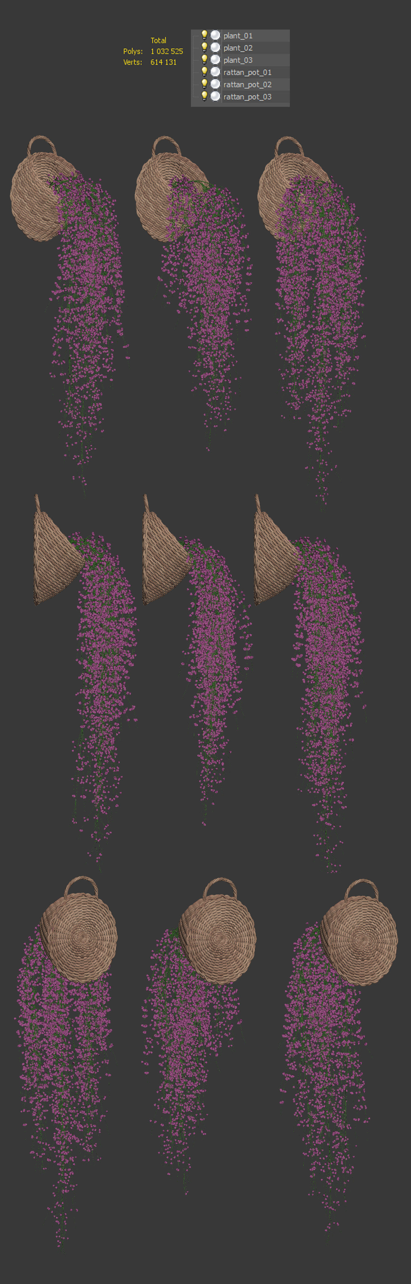 Hanging plants in wicker pots v2 3D model_4
