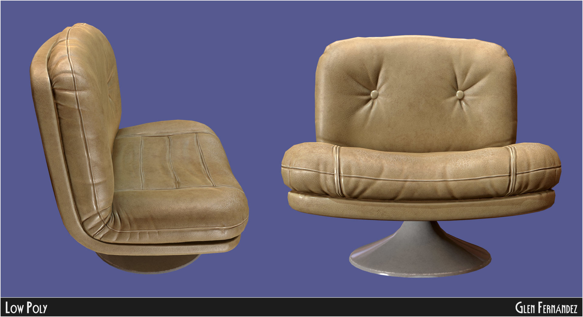Retro vintage 70s chair cream leather Low-poly 3D model_3