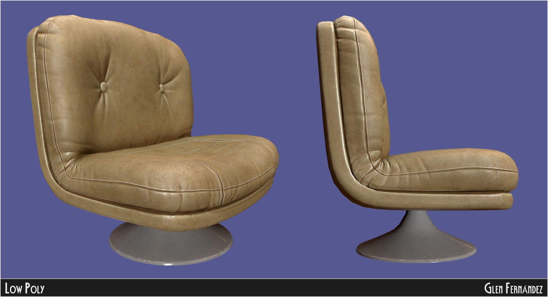 Retro vintage 70s chair cream leather Low-poly 3D model_2