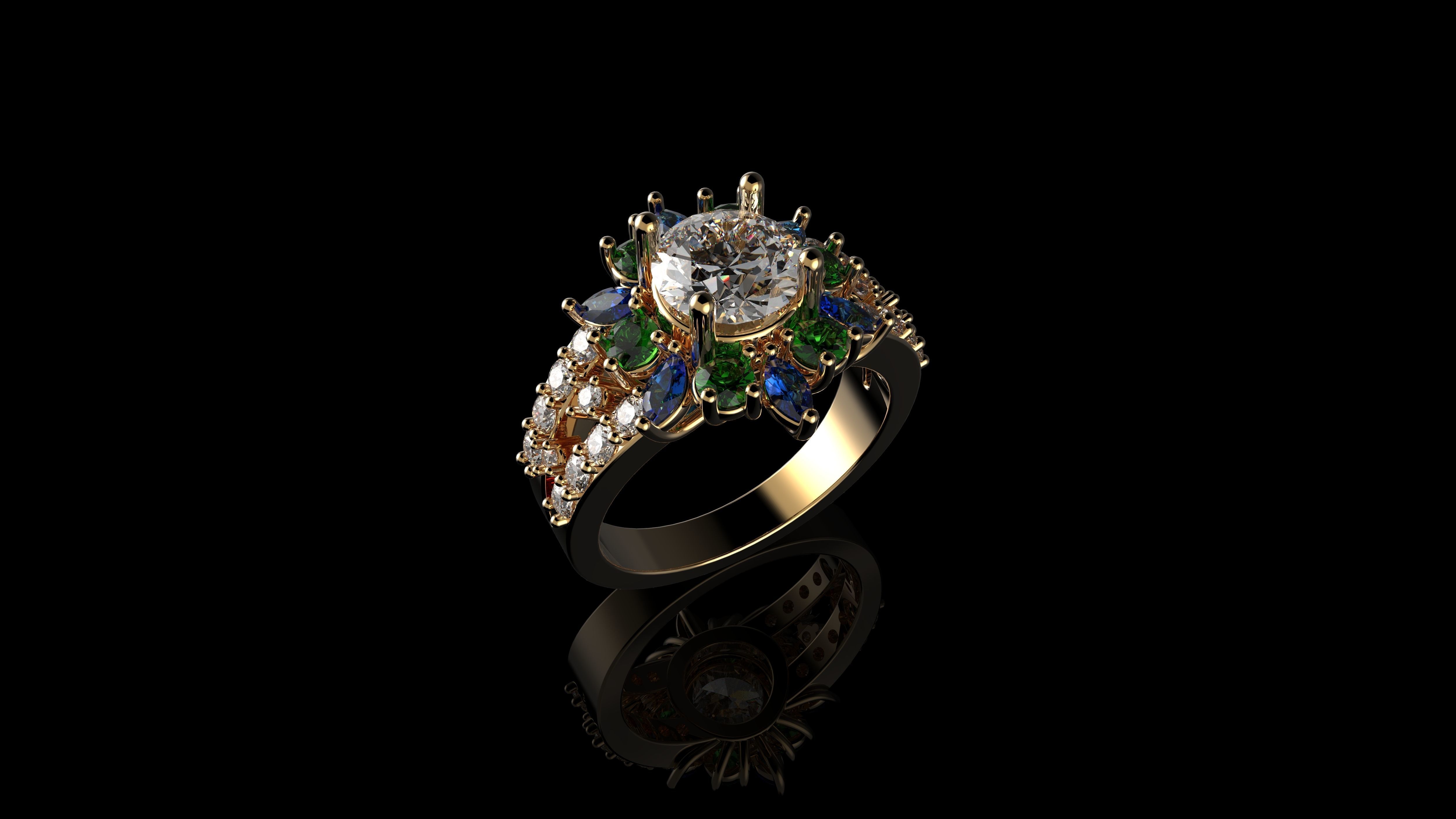 Multi Color Stone Diamond Ring 3D print model_7