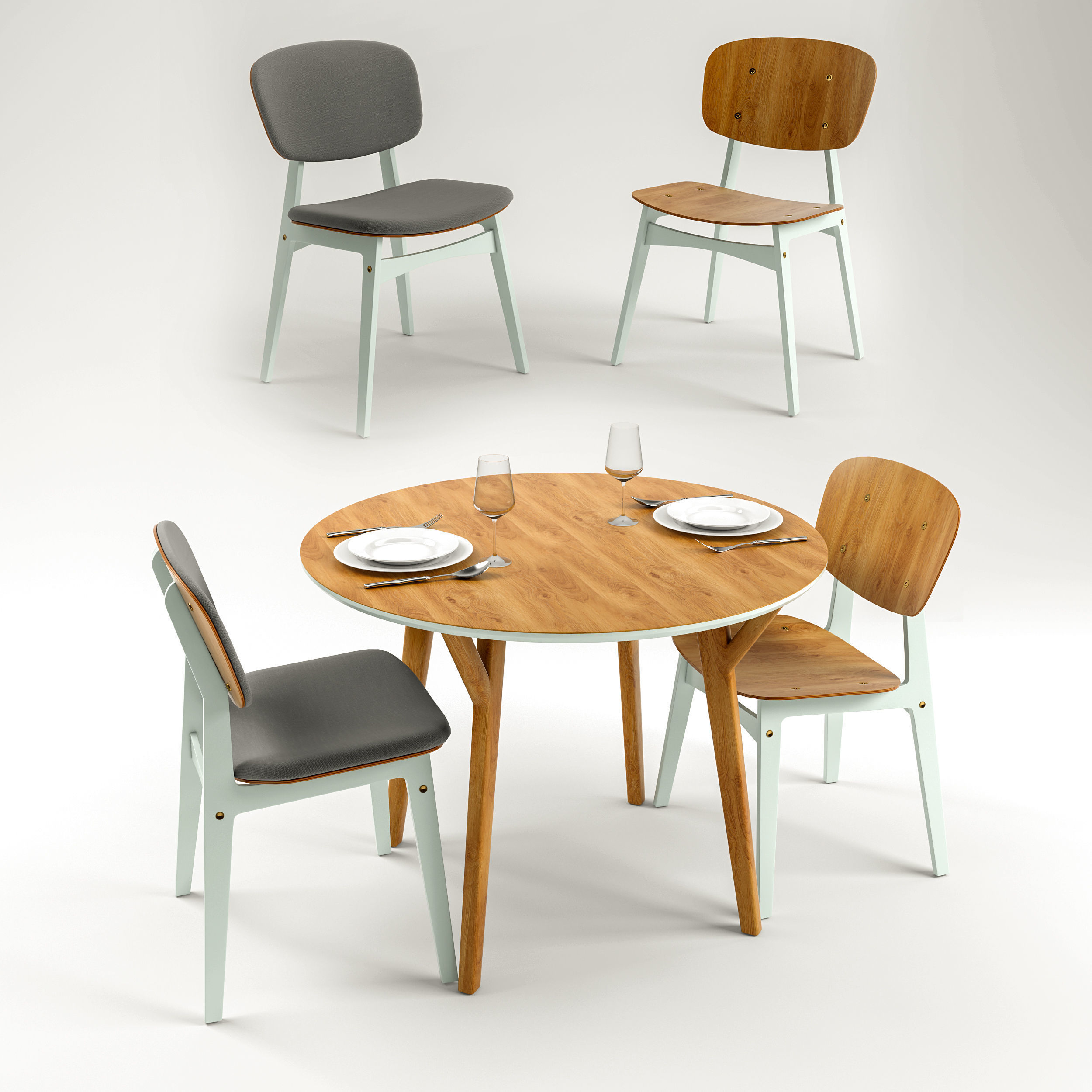 CIRCLE set round dining table with two chairs 3D model_1