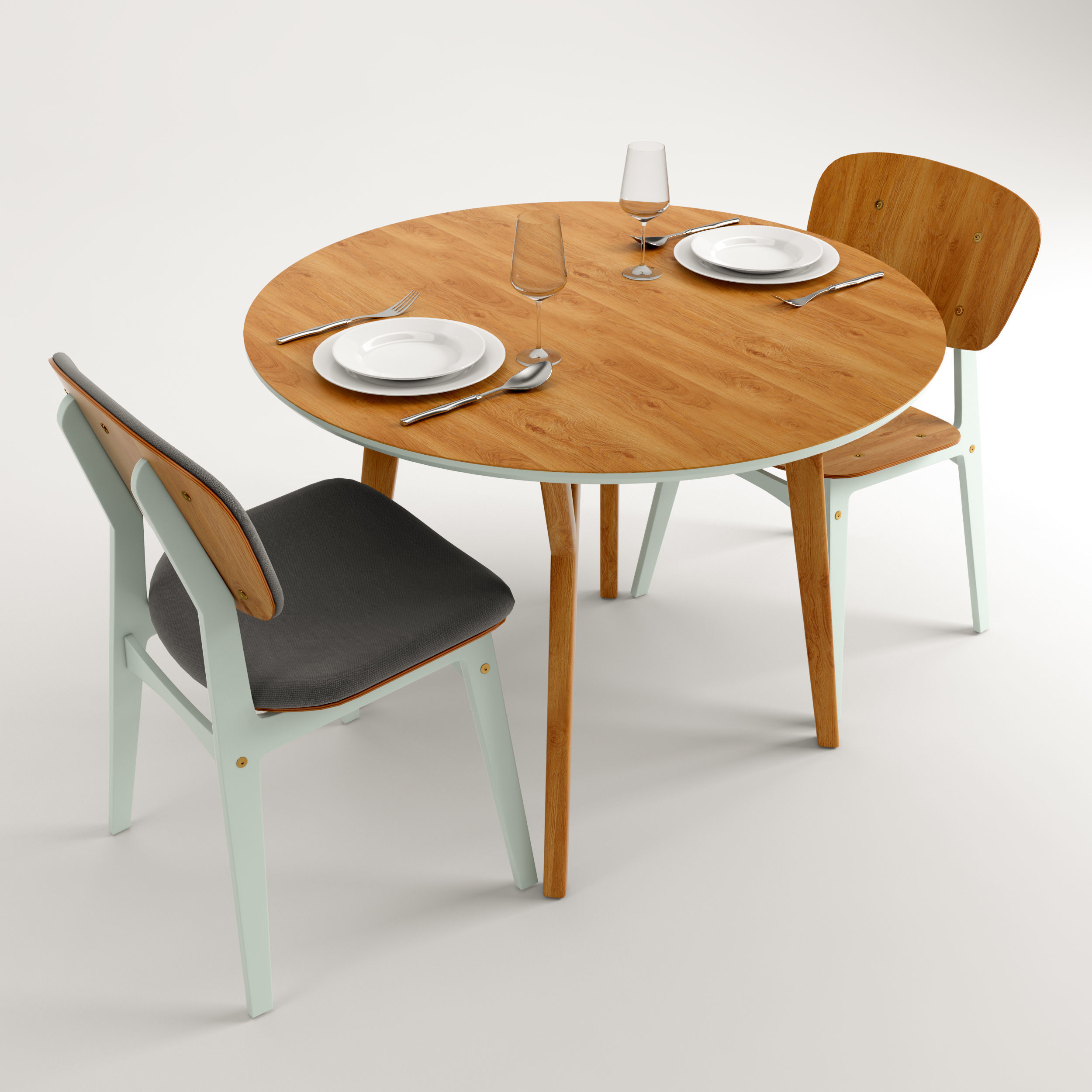 CIRCLE set round dining table with two chairs 3D model_6