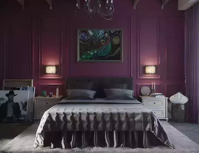 Bedroom with walls and chandelier