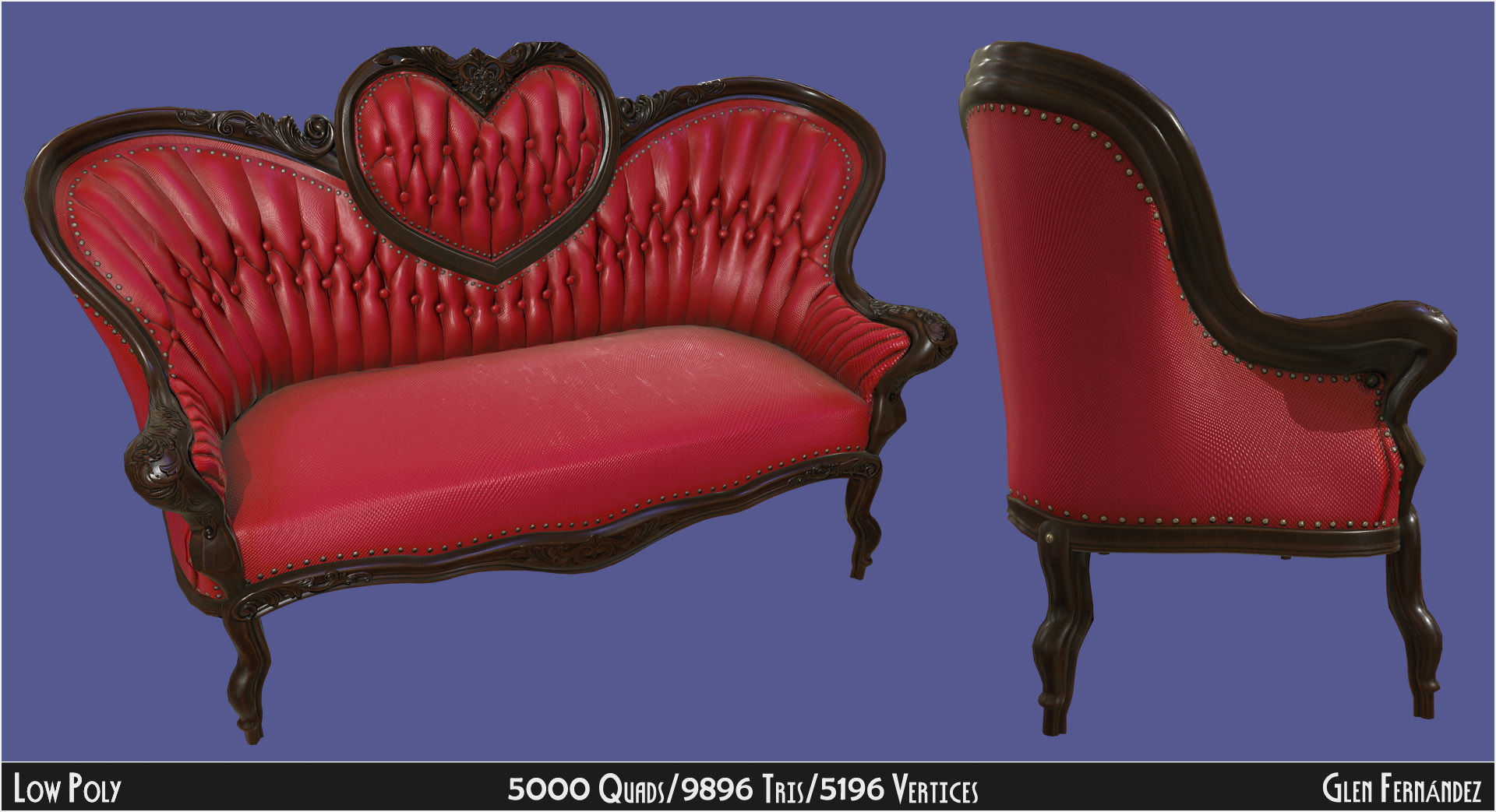 Antique Victorian Love Seat Sofa Furniture Low-poly 3D model_1