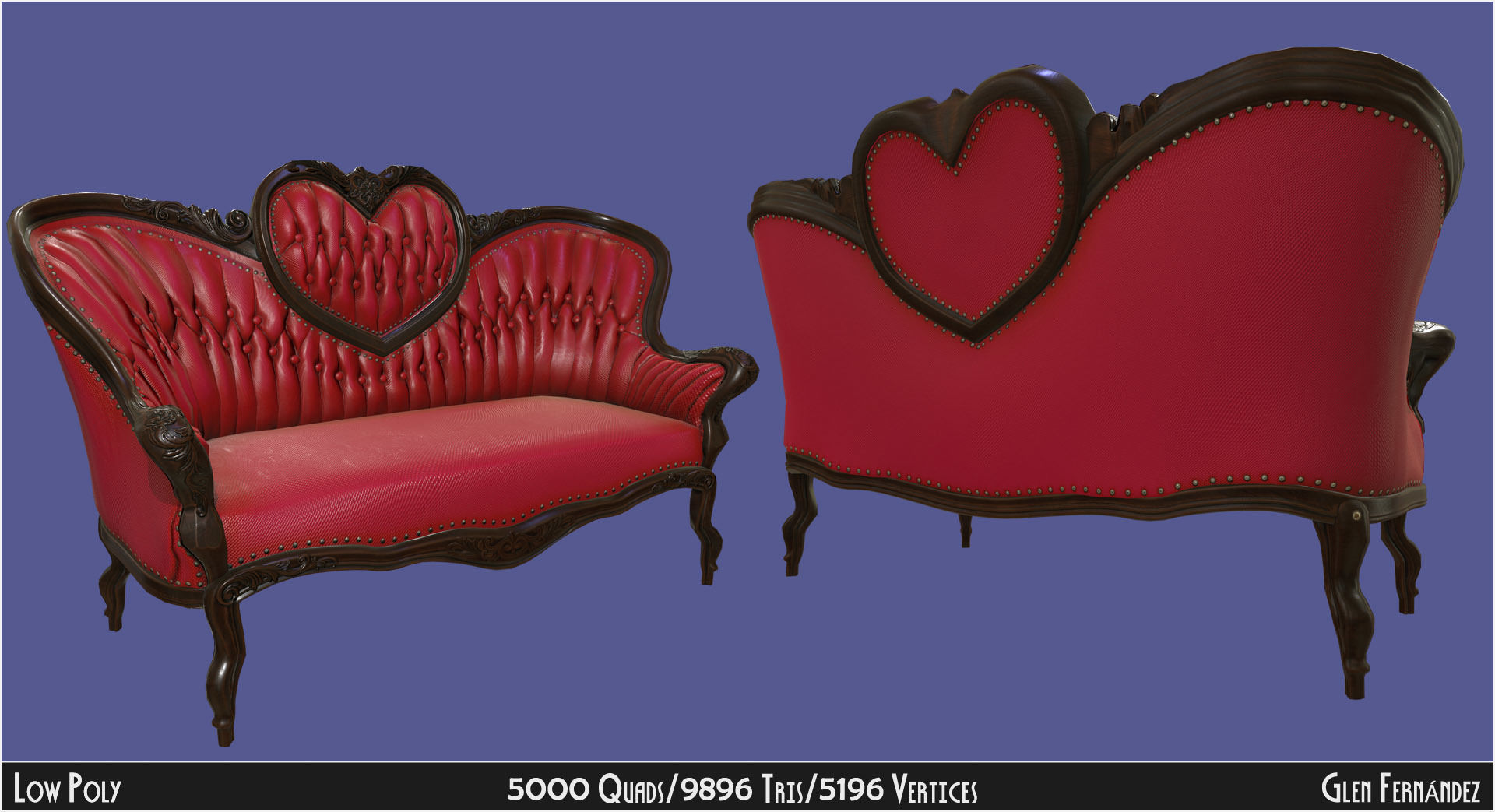 Antique Victorian Love Seat Sofa Furniture Low-poly 3D model_3