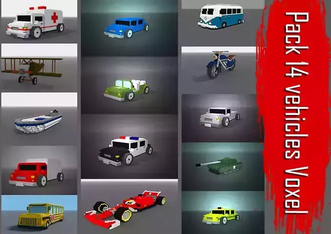 Pack 14 vehicles Voxel  Low-poly 3D model