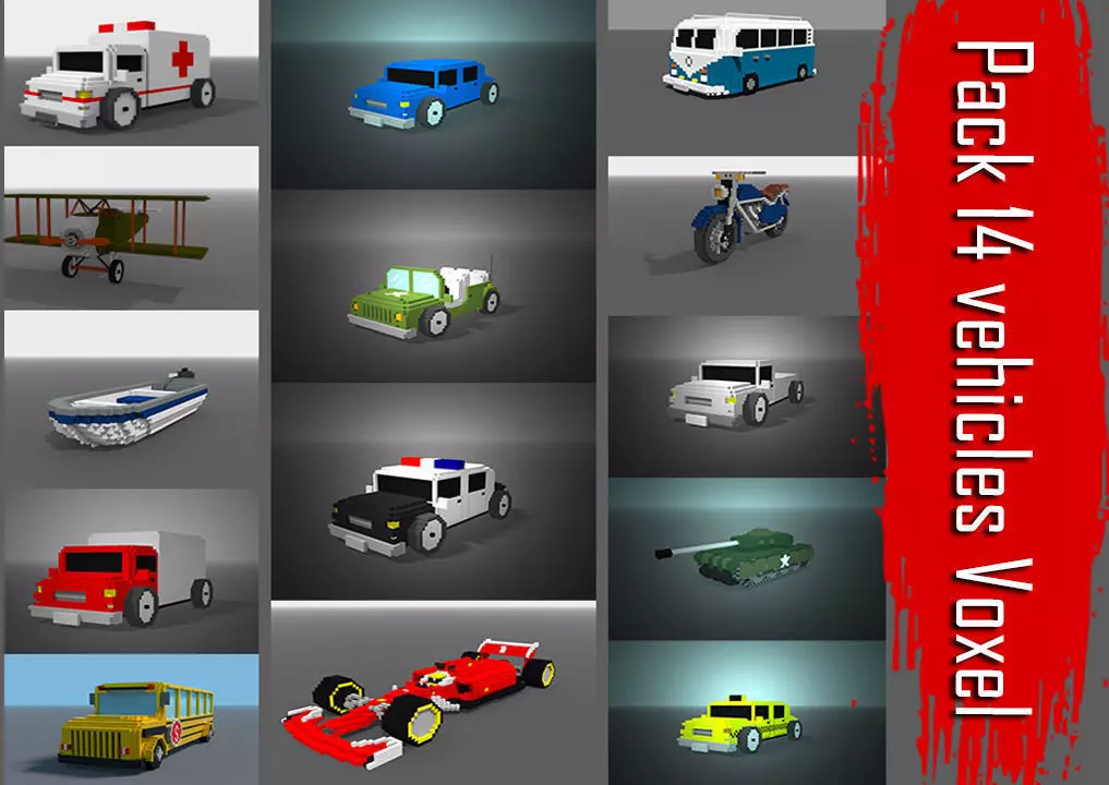 Pack 14 vehicles Voxel  Low-poly 3D model_0