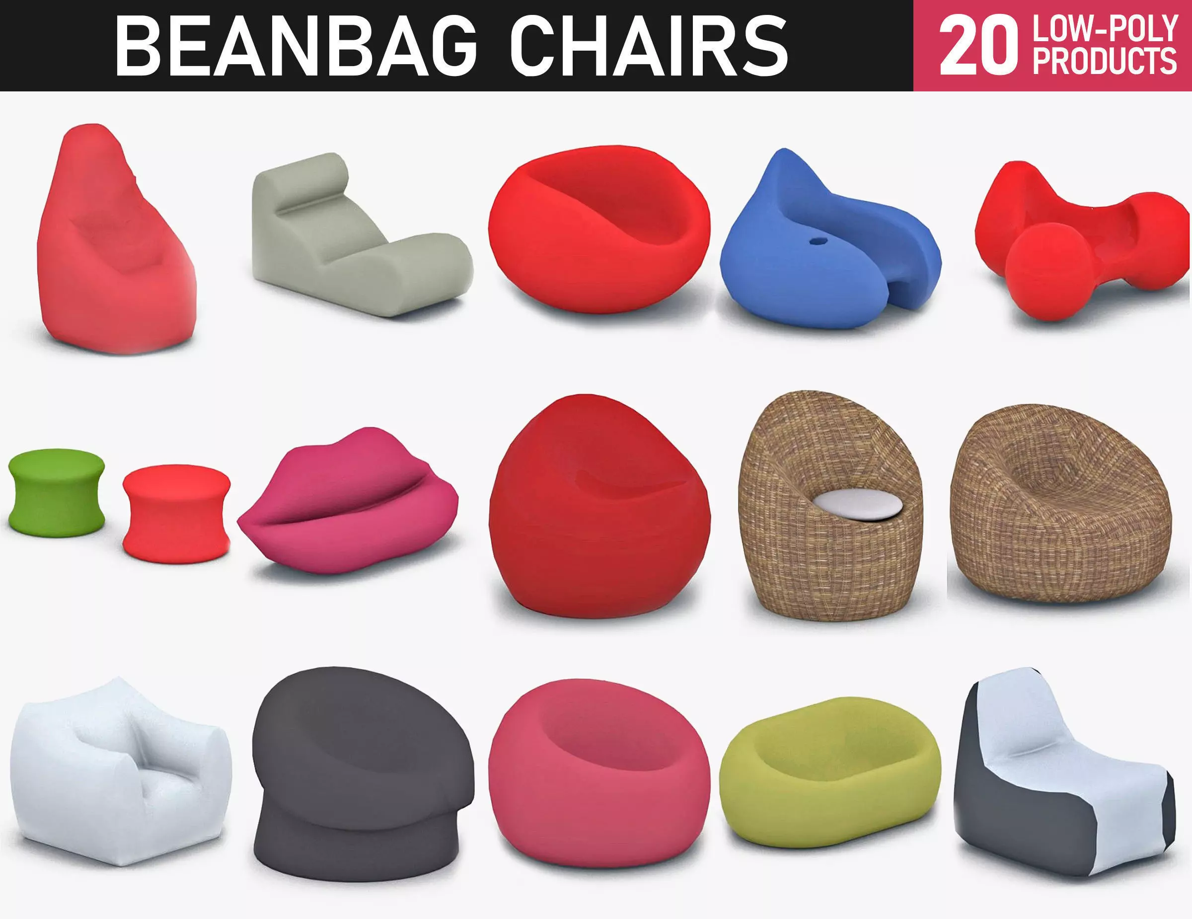 Bean Bag Chairs Collection Low-poly 3D model_0