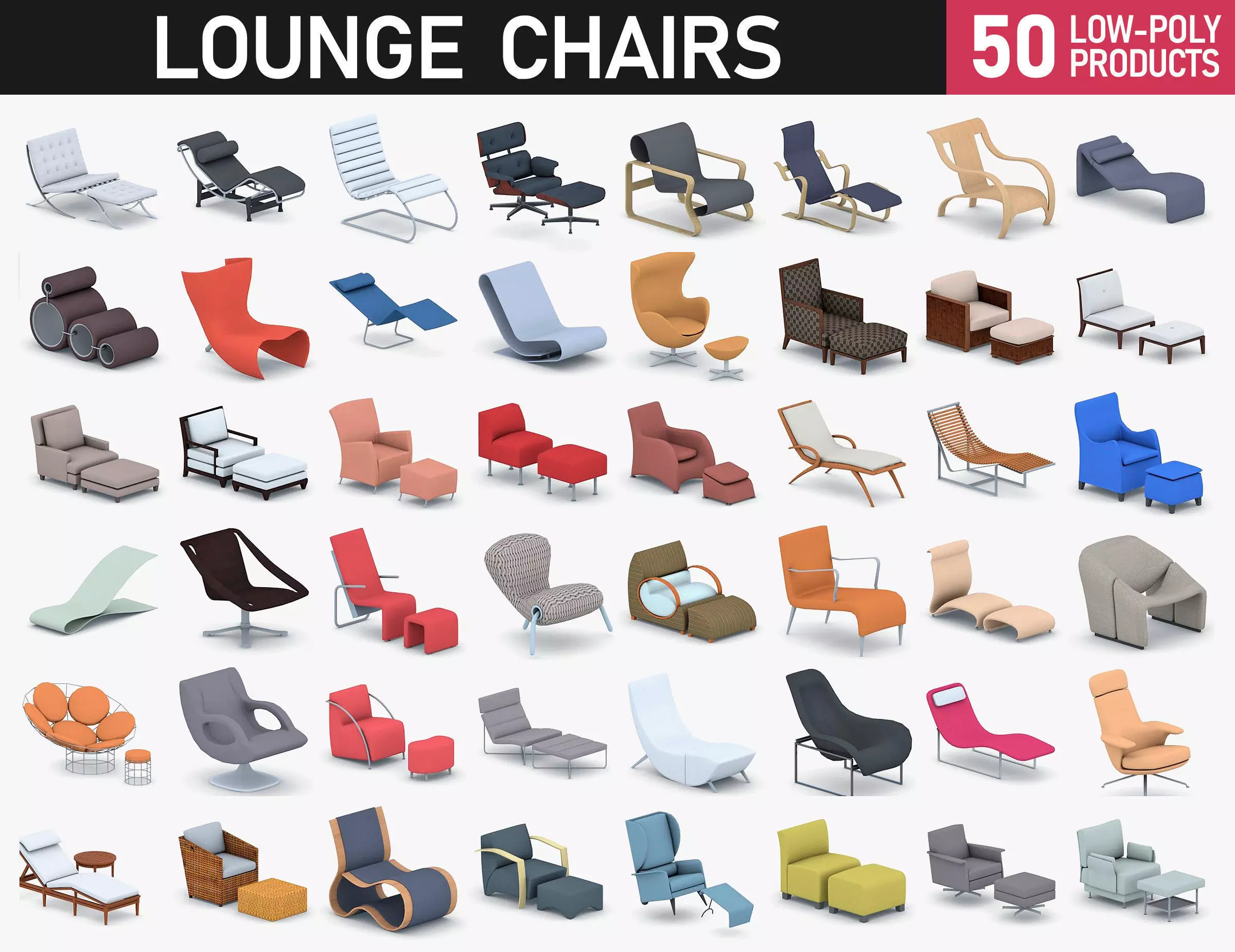 Lounge Chairs Collection Low-poly 3D model