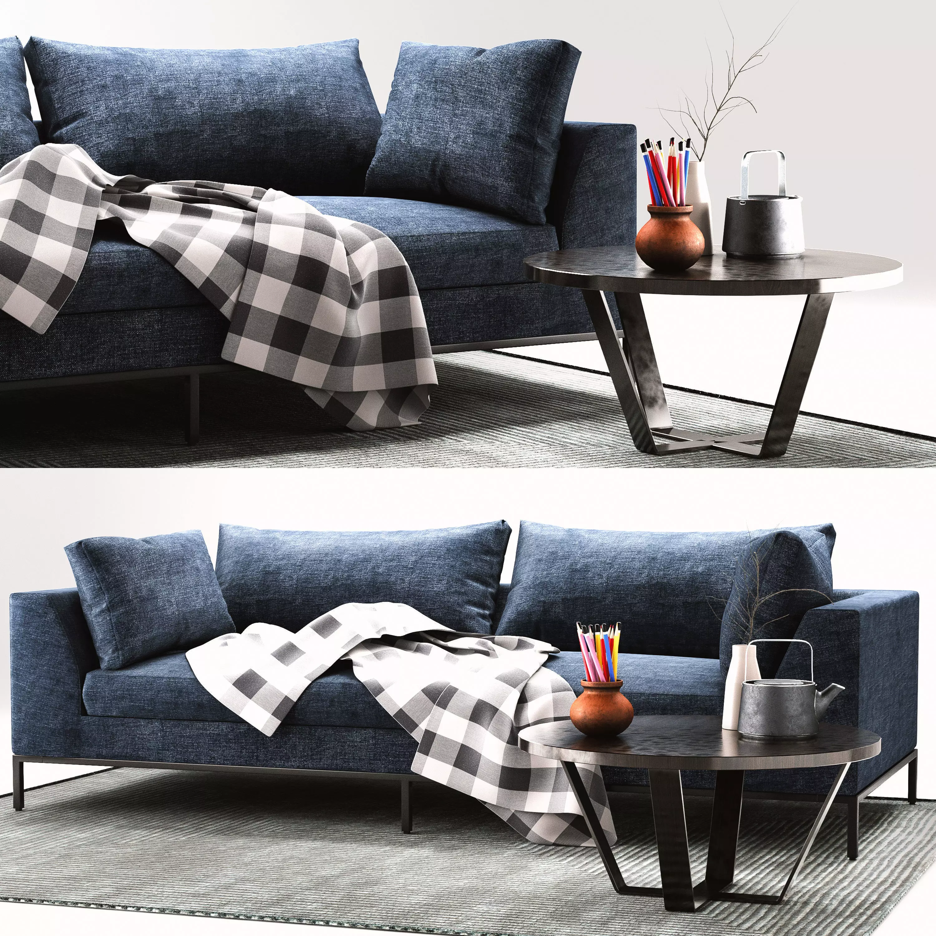 Ambient sofa with plaid blanket and coffee table 3D model_0
