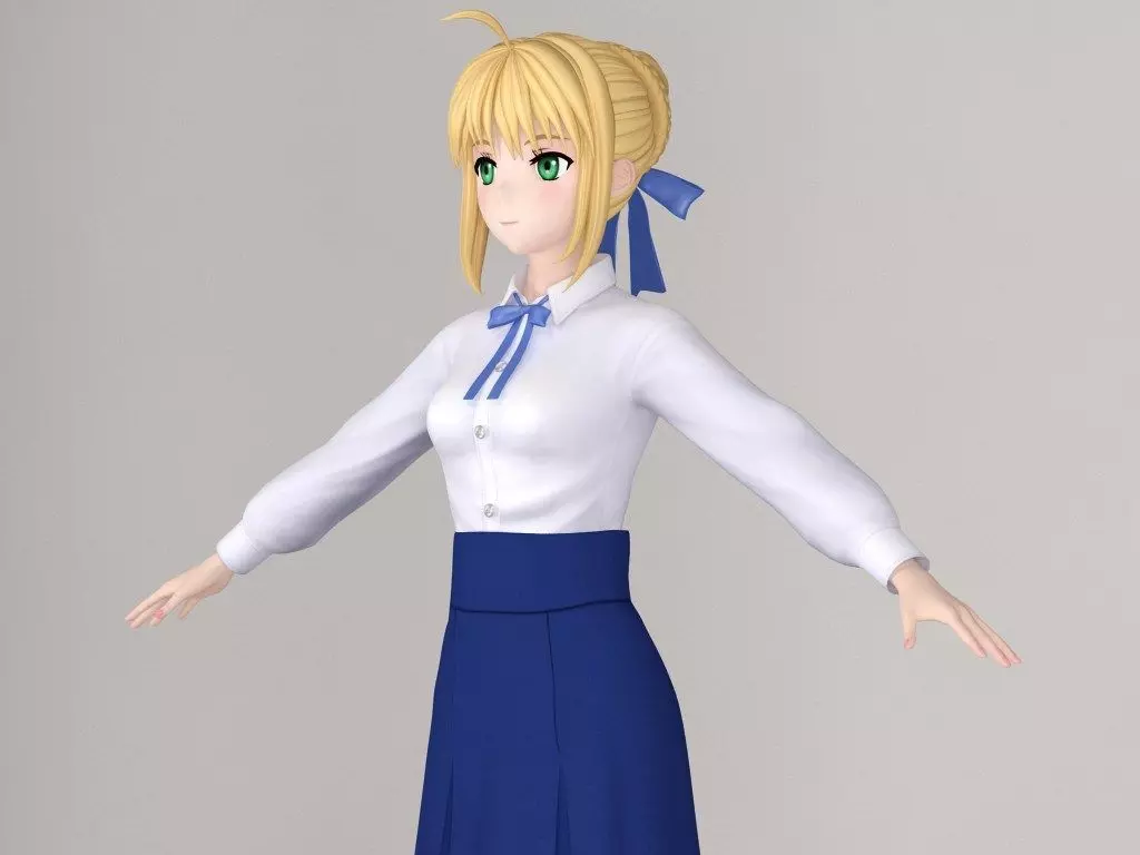 T pose nonrigged model of Saber anime girl 3D model_0