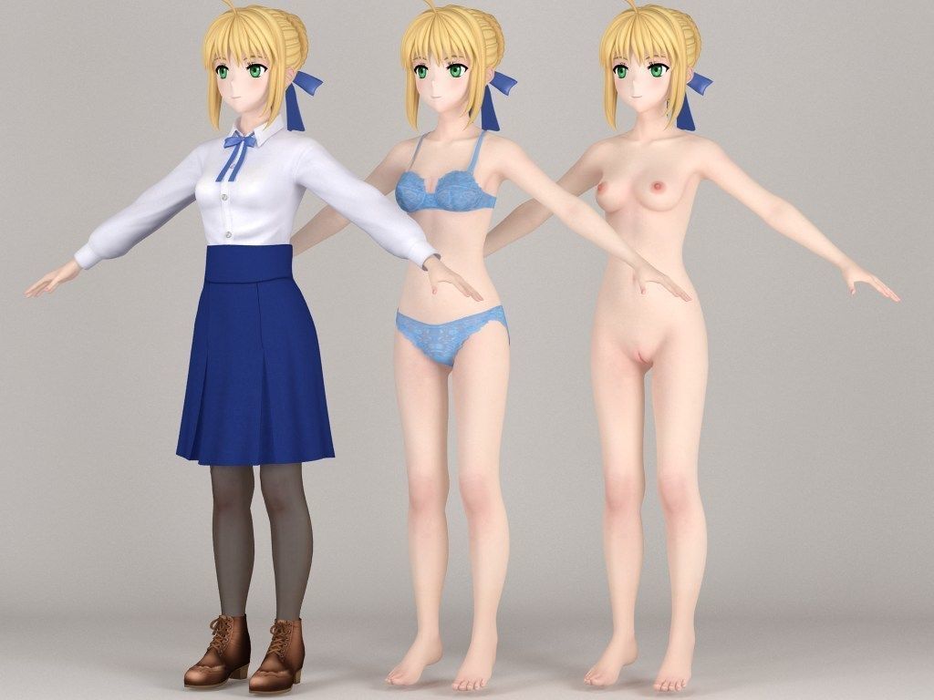T pose nonrigged model of Saber anime girl 3D model_3