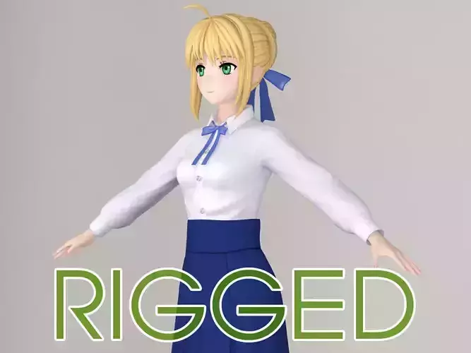 T pose rigged model of Saber anime girl 3D model