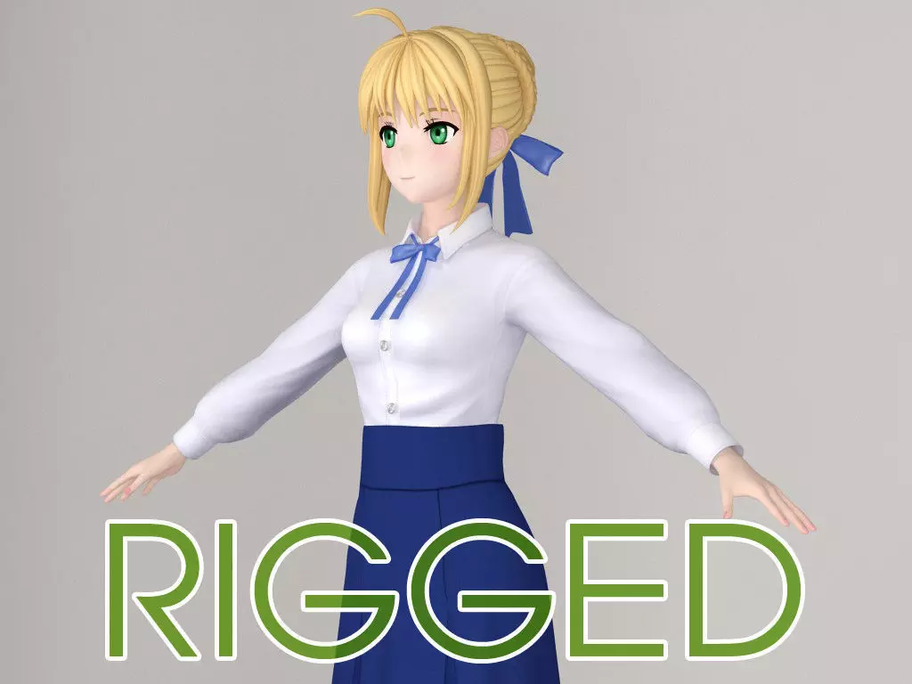 T pose rigged model of Saber anime girl 3D model_0