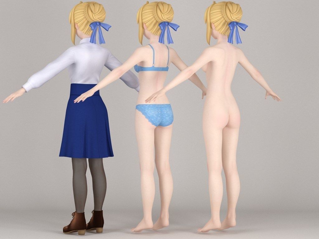 T pose rigged model of Saber anime girl 3D model_7