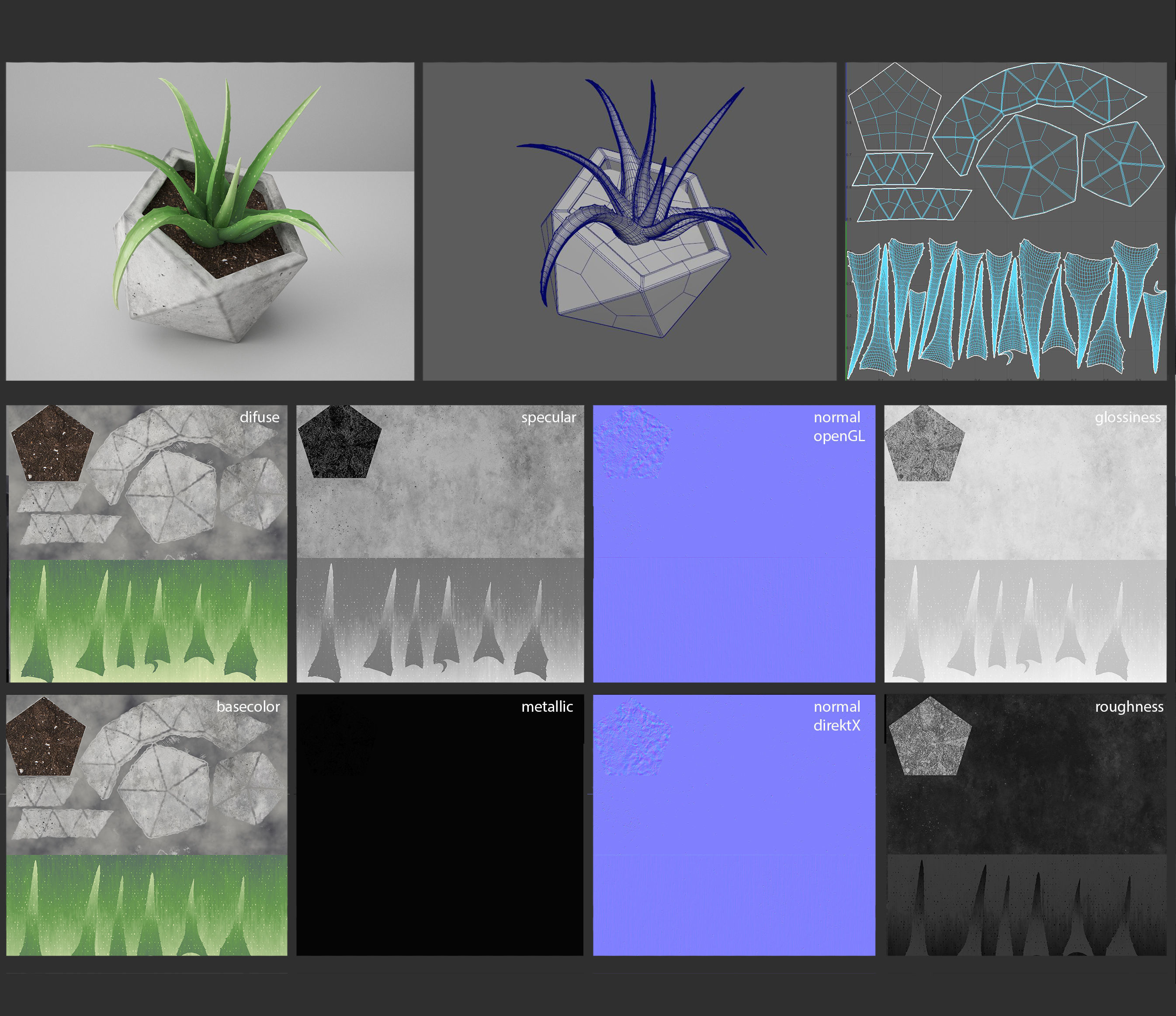 Icosaeder Concrete Potted Cactus 3D model_2