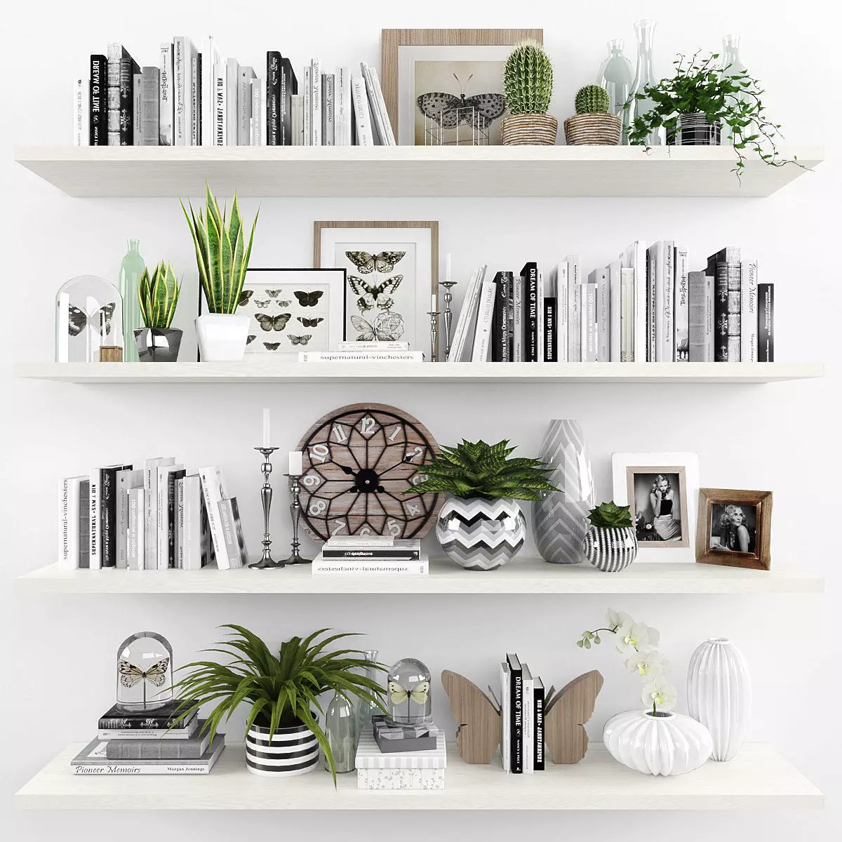 Decorative set-7 shelves with plants and books Low-poly 3D model_0