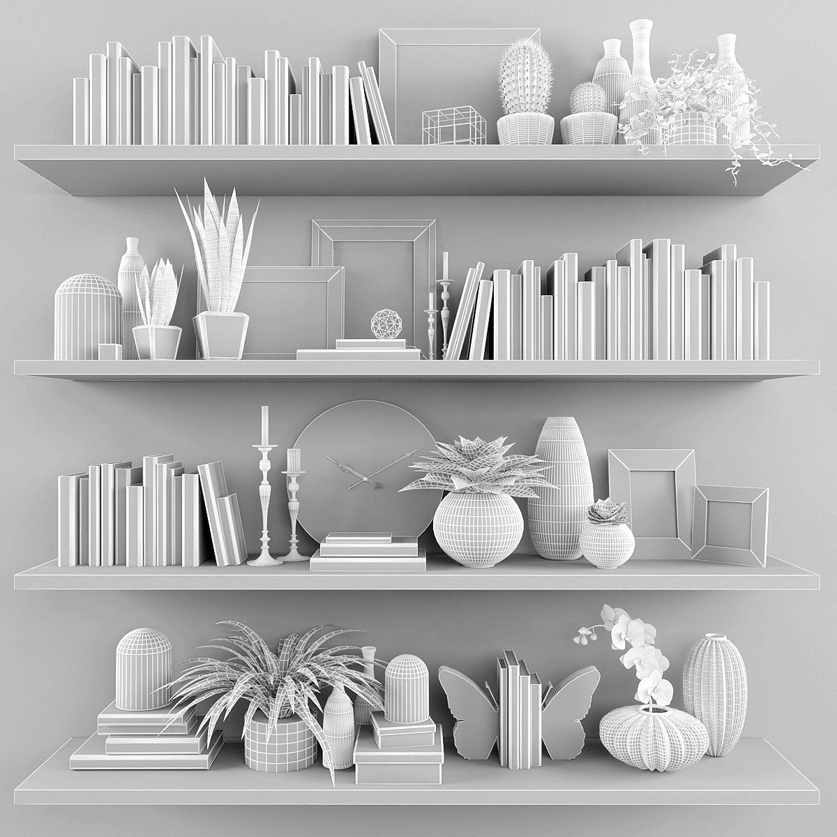 Decorative set-7 shelves with plants and books Low-poly 3D model_2