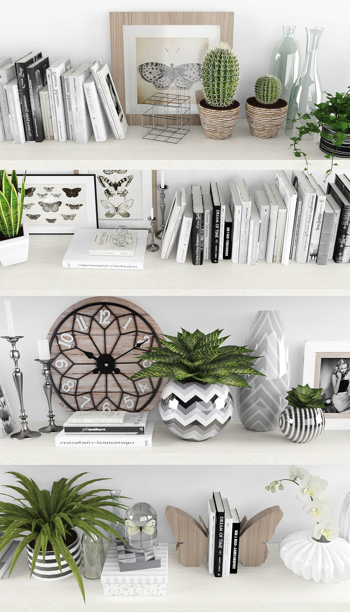 Decorative set-7 shelves with plants and books Low-poly 3D model_1