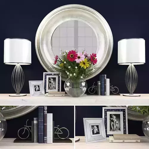 Decorative set-6 round mirror on shelf with books and flowers