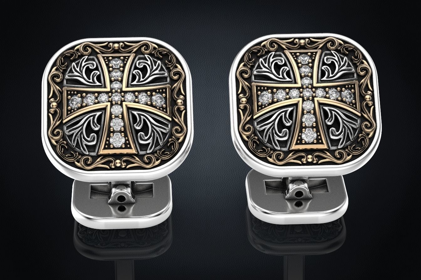 Stylish cufflinks with a cross and stones 324 3D print model_8
