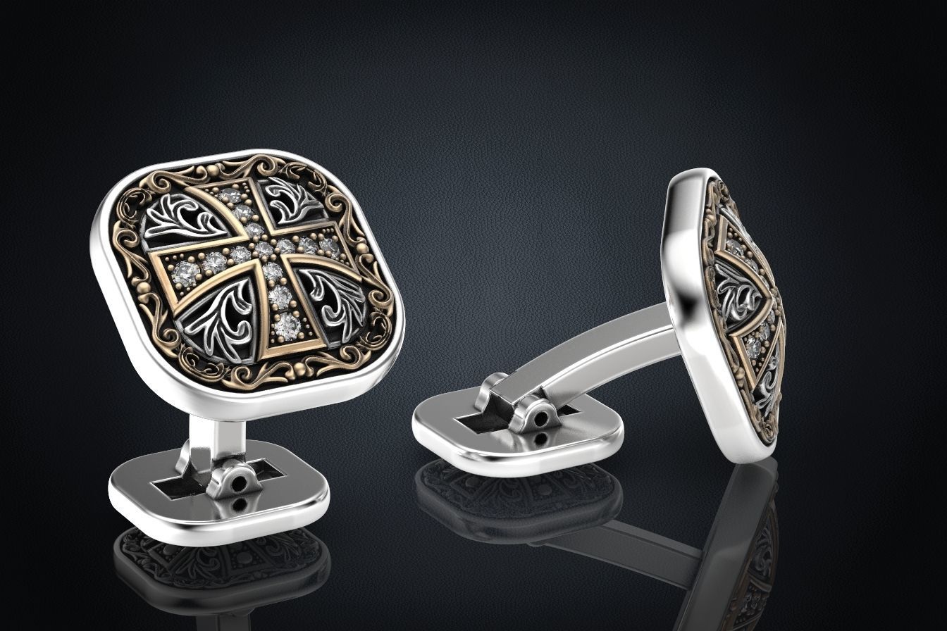 Stylish cufflinks with a cross and stones 324 3D print model_4