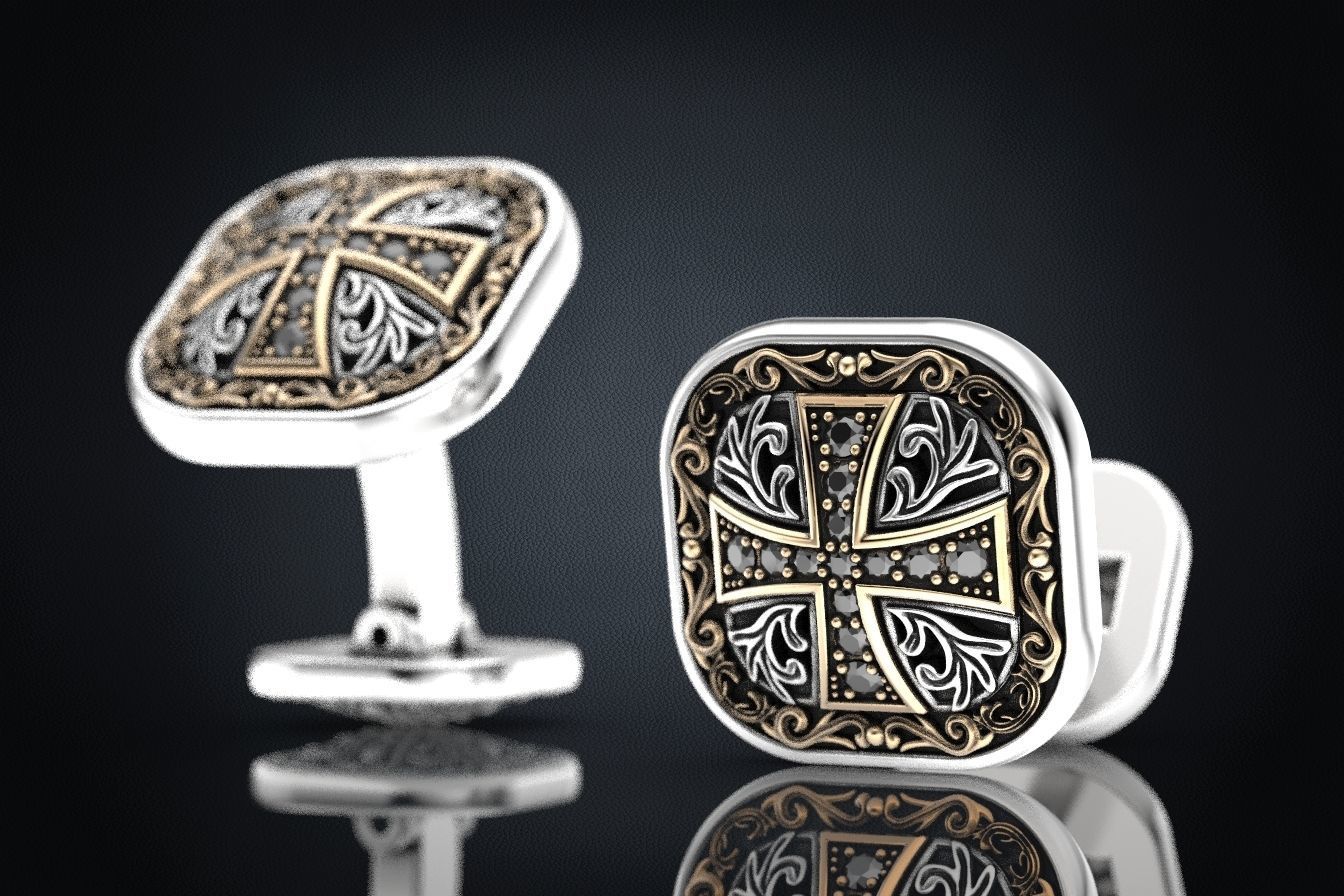 Stylish cufflinks with a cross and stones 324 3D print model_5