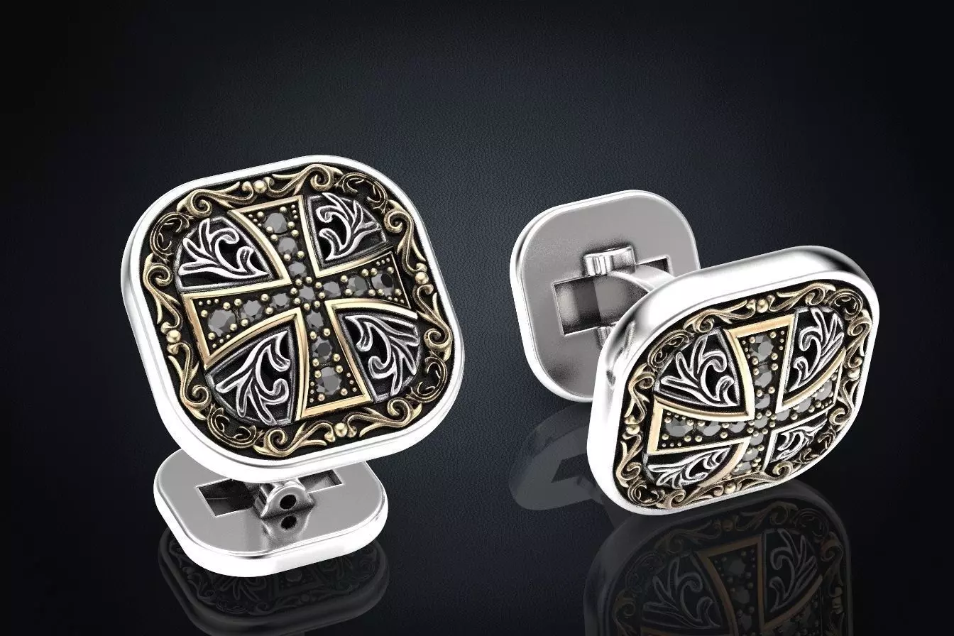 Stylish cufflinks with a cross and stones 324 3D print model_0