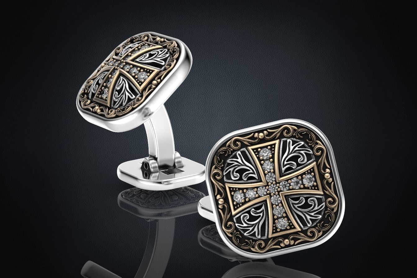 Stylish cufflinks with a cross and stones 324 3D print model_6