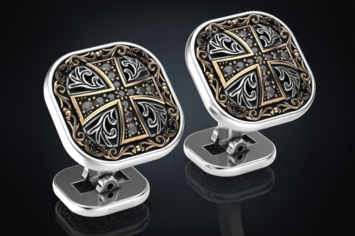 Stylish cufflinks with a cross and stones 324 3D print model_2