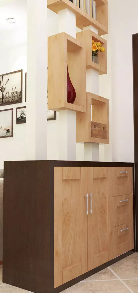 Partition living room with wooden cabinets and shelves 3D model_0