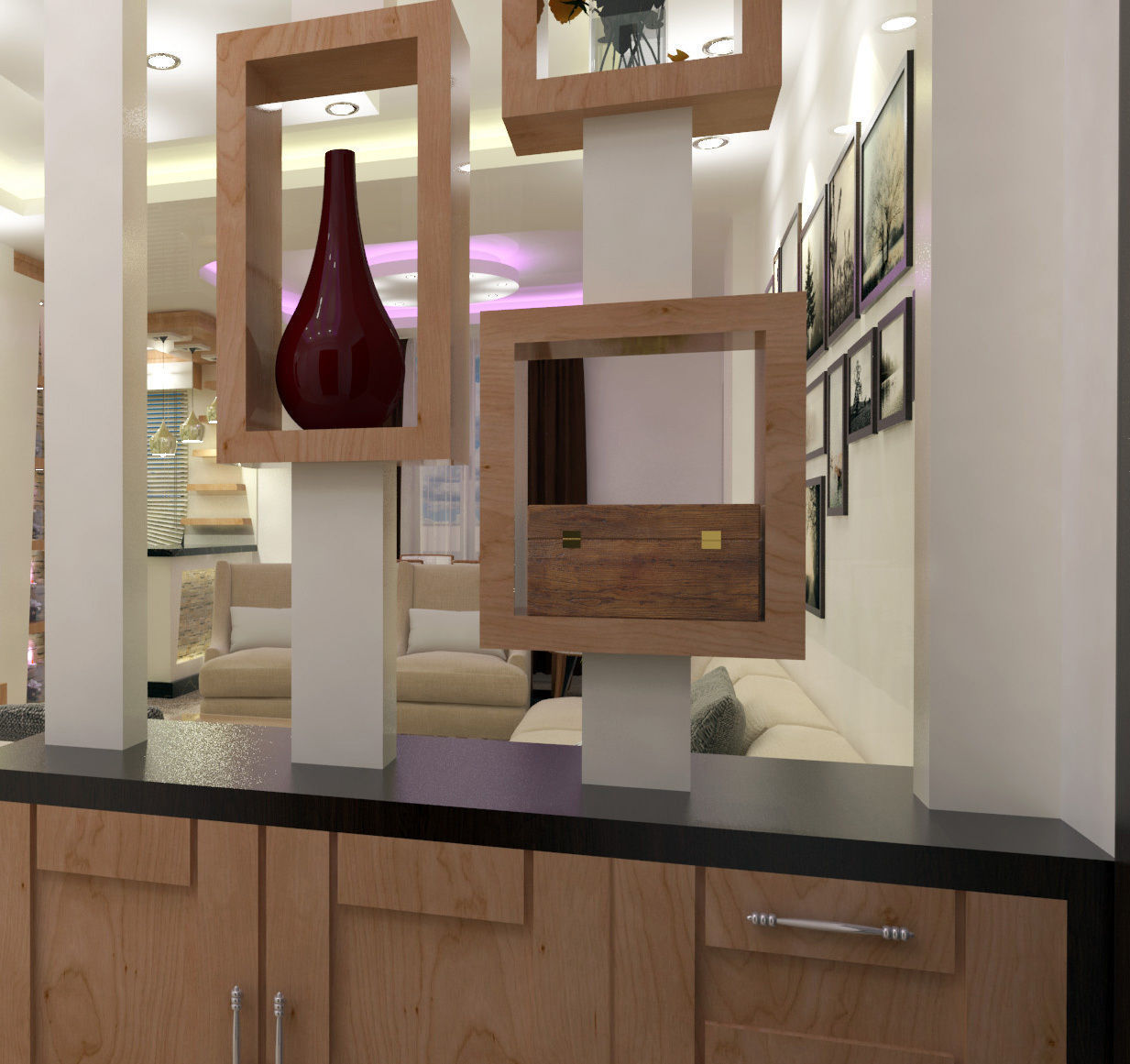 Partition living room with wooden cabinets and shelves 3D model_1