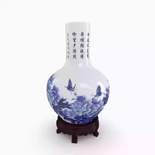 Chinese Blue and White Porcelain Vase with wood stand - Peony