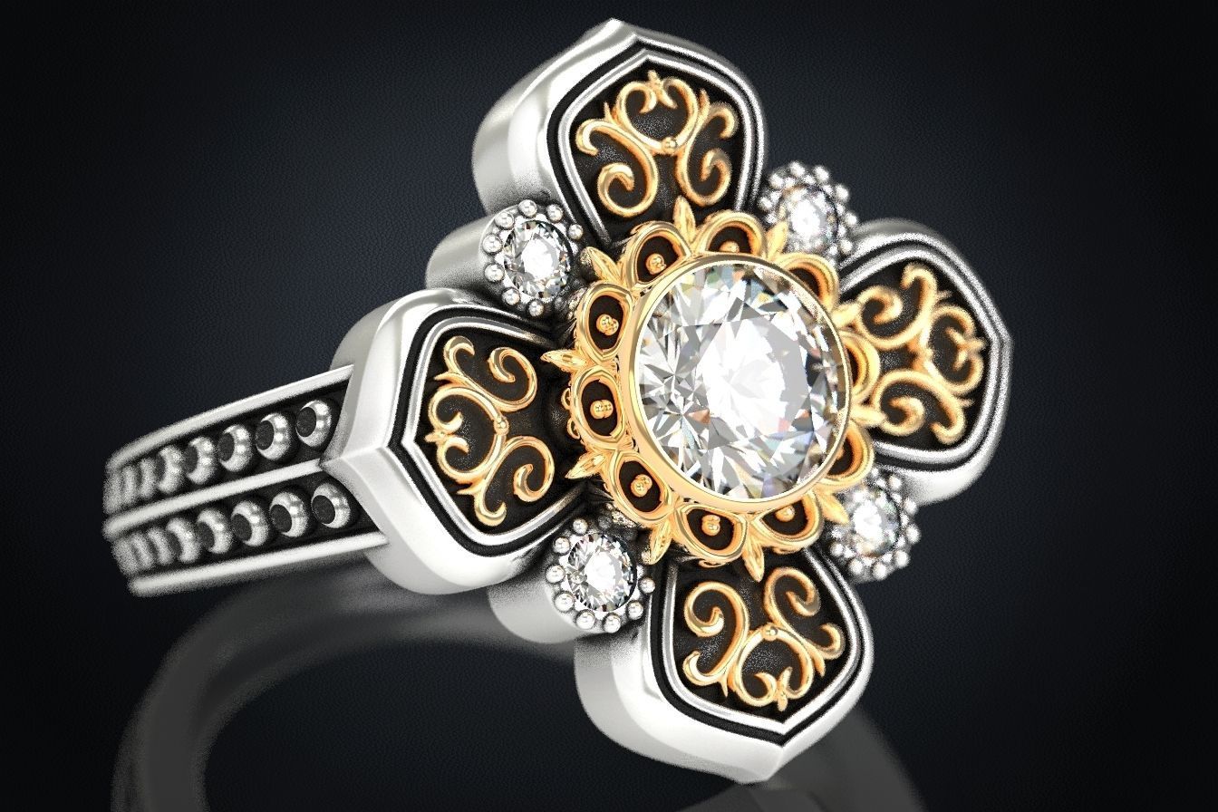 Ring with patterns and diamonds for antiquity 325 3D print model_5