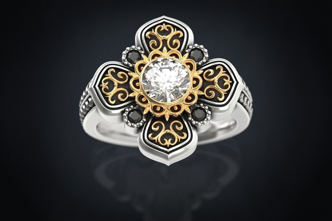 Ring with patterns and diamonds for antiquity 325 3D print model_3