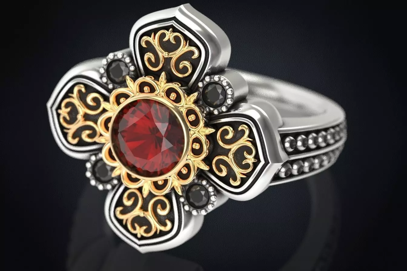 Ring with patterns and diamonds for antiquity 325 3D print model_0