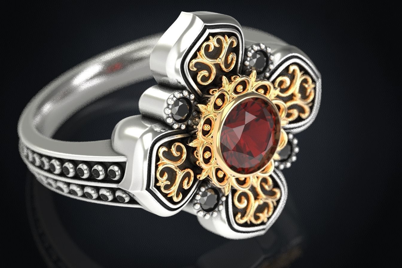 Ring with patterns and diamonds for antiquity 325 3D print model_2