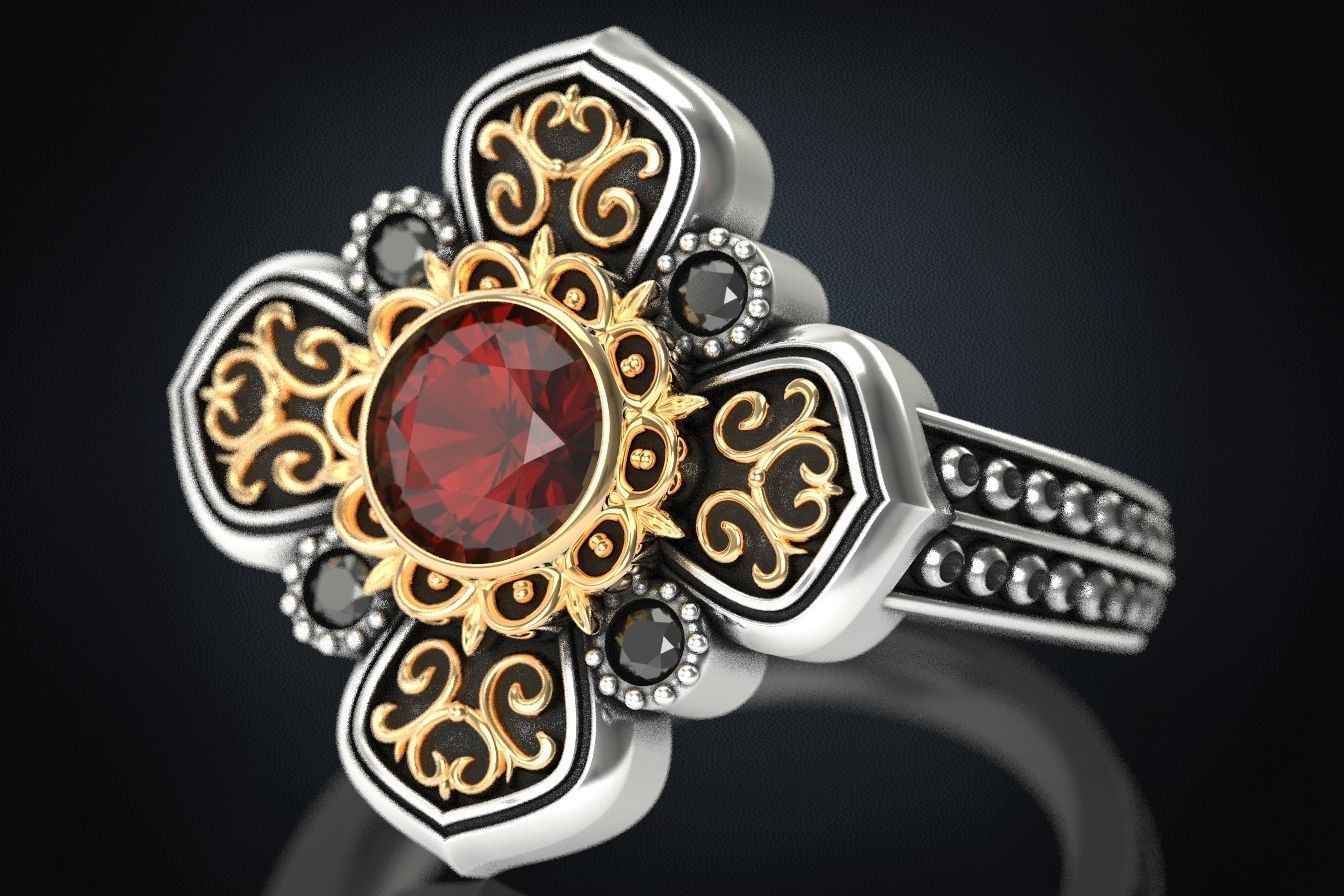 Ring with patterns and diamonds for antiquity 325 3D print model_10